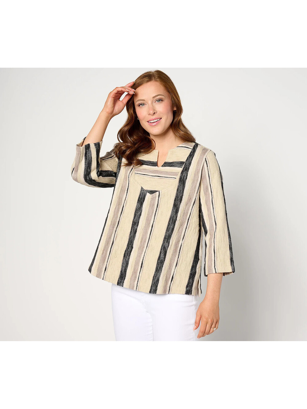 LOGO by Lori Goldstein Beach to Street Striped Pullover Pale Khaki, Small